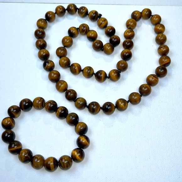 Rare Vintage Genuine Tiger Eye AAAGrade Beaded Necklace Bracelet Set Unique Boho